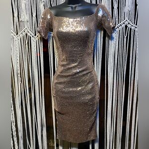 Nicole Miller Rose Gold Sequin Embellished Bodycon Midi Dress